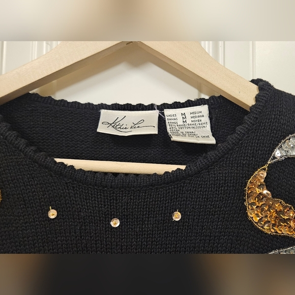 Gold Silver Sequin Bow Embroidery knit ramie cotton black sweater size M - Picture 10 of 14